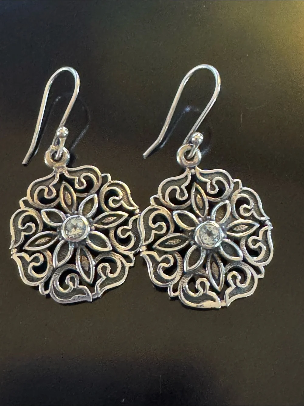 Sterling Silver Filigree Topaz Dangle Earrings - Floral Scrollwork - 1.5”